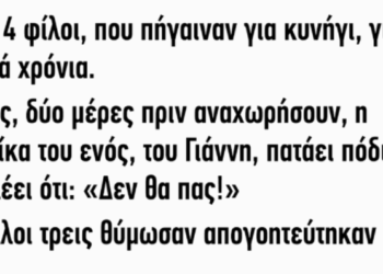 Ήταν 4 φίλοι που πήγαιναν για κυνήγι για πολλά χρόνια. Φέτος, δύο μέρες πριν αναχωρήσουν, η γυναίκα του ενός, του Γιάννη, πατάει πόδι και του λέει ότι: “δεν θα πάς!”