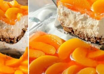 Δροσερό και νόστιμο γλυκό ψυγείου, με μπισκοτένια βάση, αφράτη κρέμα και επικάλυψη με ροδάκινα και ζελέ