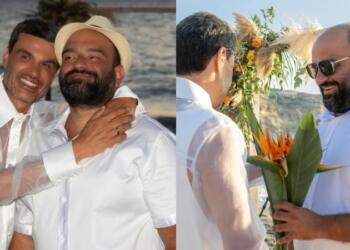 Γάμος υπερπαραγωγή στην Κρήτη: Ντυμένοι στα λευκά ο Παντελής Τουτουντζής και ο σύζυγός του, στο πλευρό τους τα παιδιά τους