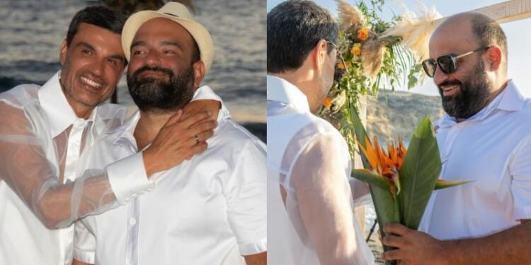 Γάμος υπερπαραγωγή στην Κρήτη: Ντυμένοι στα λευκά ο Παντελής Τουτουντζής και ο σύζυγός του, στο πλευρό τους τα παιδιά τους